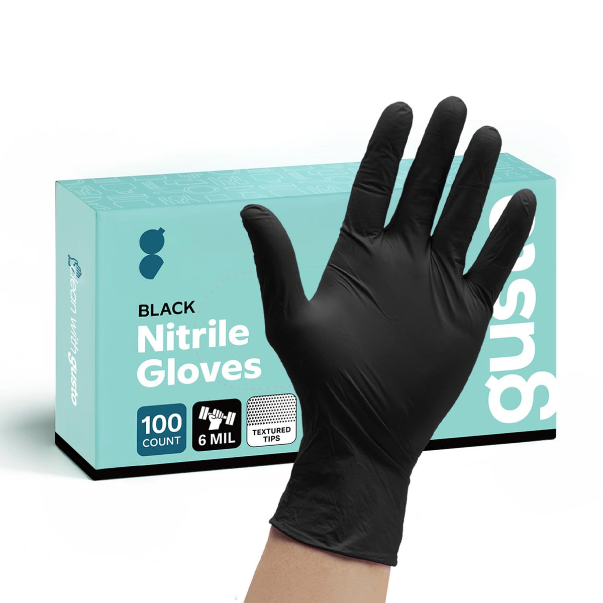 Gusto Disposable Nitrile Work Gloves — 6 Mil, Black, Large (100)