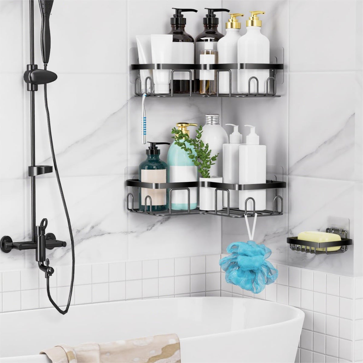 MOFOROCO 3-Pack Shower Caddy Corner Basket Shelf with Soap Holder, No Drilling Traceless Adhesive Shower Wall Shelves, Black Bathroom Shower Storage Organizer（ For 90-degree Right-angle Walls） 🍁 All In One Marketplace Canada