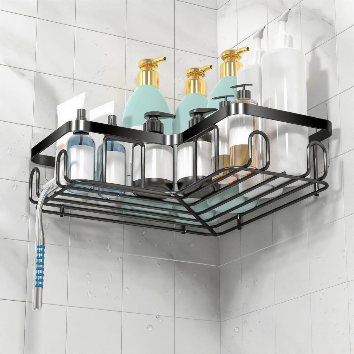 MOFOROCO 3-Pack Shower Caddy Corner Basket Shelf with Soap Holder, No Drilling Traceless Adhesive Shower Wall Shelves, Black Bathroom Shower Storage Organizer（ For 90-degree Right-angle Walls） 🍁 All In One Marketplace Canada