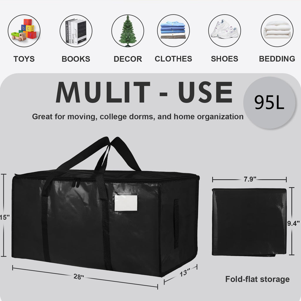 6 Pack-Extra Large Heavy Duty Moving Bags - Waterproof Storage Totes with Handles & Zippers, Foldable for College Dorm, Storage (Black) 🍁 All In One Marketplace Canada