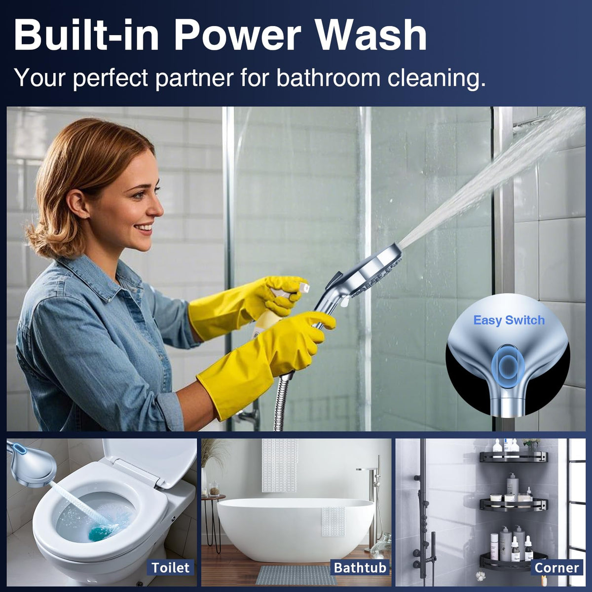 High Pressure 10-Mode Handheld Shower Head - Built in Power Wash for Clean, Replaceable Filter Soften Hard Water Remove Chlorine, 60 Inches Hose, Overhead Bracket, Anti-Clog Nozzle (Chrome) 🍁 All In One Marketplace Canada
