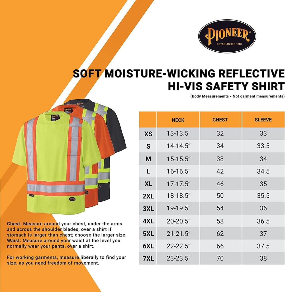 Pioneer Hi-Vis Work T-Shirt — Class 2, Orange, XL