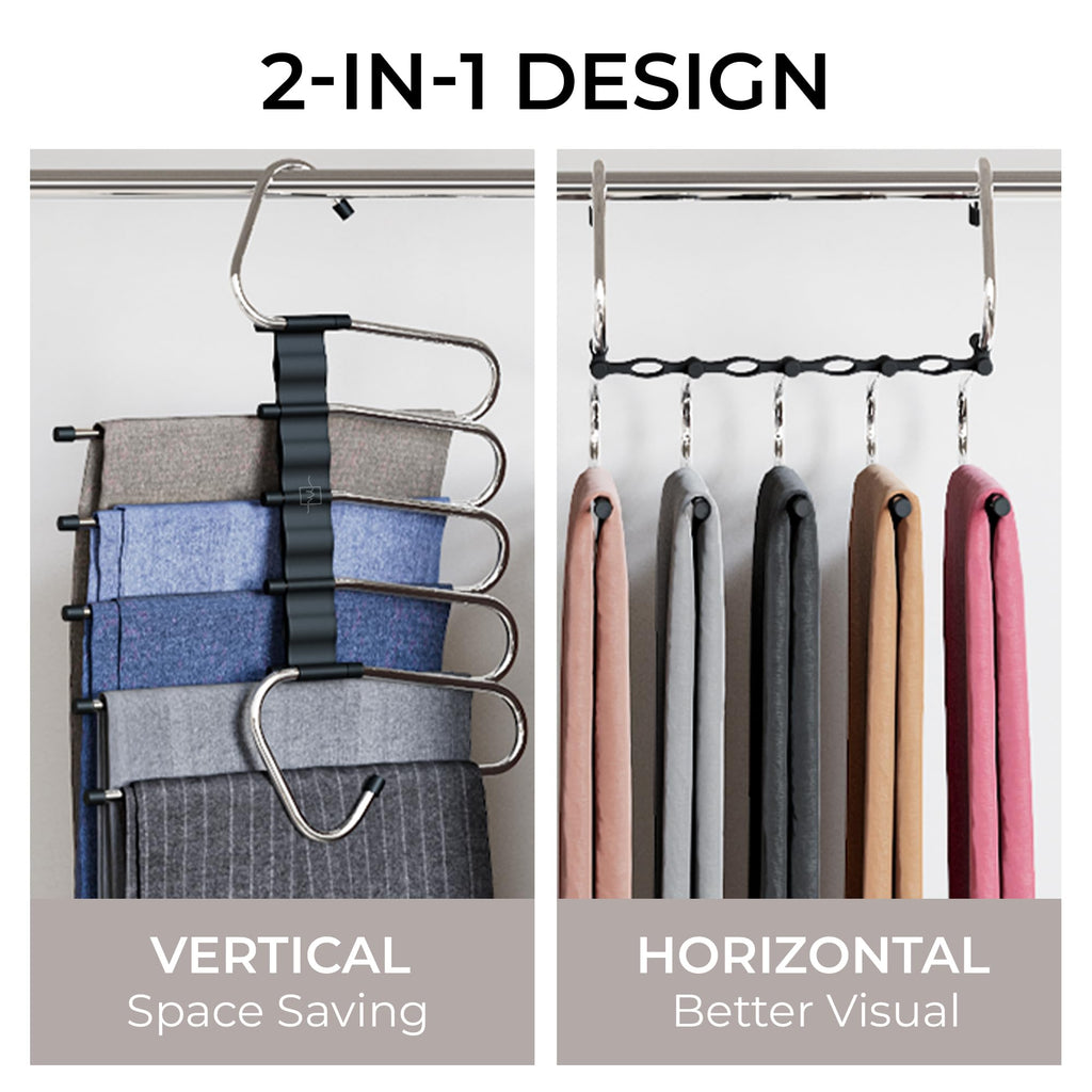 MORALVE Pants Hangers Space Saving - 2 Pack - Non-Slip Multi-Layer Space Saving Hangers - Multifunctional Clothing Rack for Closet Storage - Ideal for Jeans, Trousers, Skirts, Scarves & Slacks (Black) 🍁 All In One Marketplace Canada
