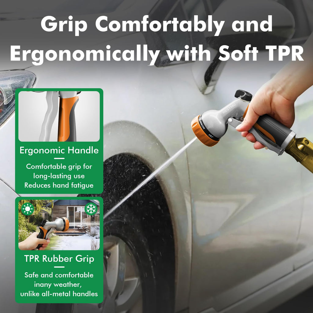RESTMO Garden Hose Nozzle, Heavy Duty Metal Water Hose Nozzle with 7 Adjustable Spray Patterns, High Pressure Hand Sprayer with Flow Control, Best for Watering Plant & Lawn, Washing Car & Pet, Orange 🍁 All In One Marketplace Canada