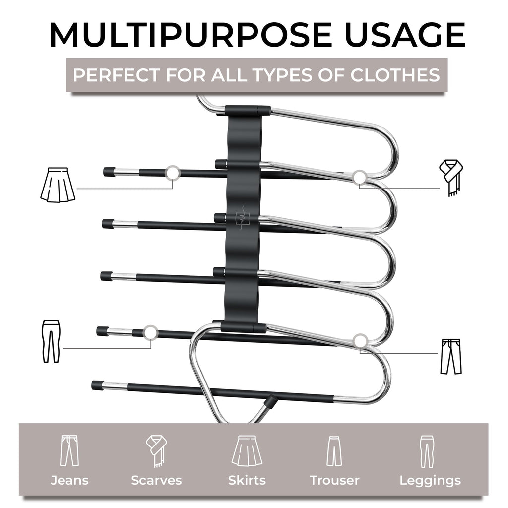 MORALVE Pants Hangers Space Saving - 2 Pack - Non-Slip Multi-Layer Space Saving Hangers - Multifunctional Clothing Rack for Closet Storage - Ideal for Jeans, Trousers, Skirts, Scarves & Slacks (Black) 🍁 All In One Marketplace Canada