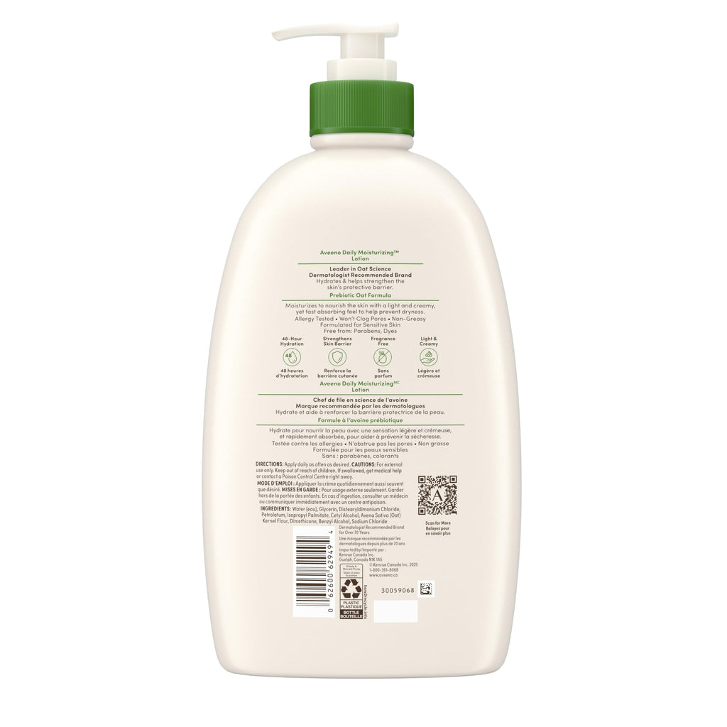 Aveeno Daily Moisturizing Body Lotion with Soothing Prebiotic Oat, Gentle Lotion Nourishes Dry Skin With Moisture, Paraben-, Dye- & Fragrance-Free, Non-Greasy & Non-Comedogenic, 975 ml 🍁 All In One Marketplace Canada