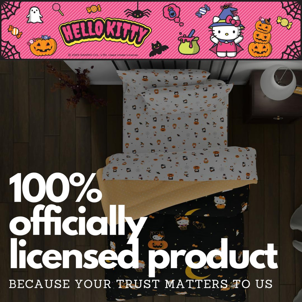 Sanrio Hello Kitty Halloween Pumpkin Queen Bed Set – Super Soft & Cozy 5 Piece Reversible Comforter and Sheet Set (Officially Licensed Product) by Franco