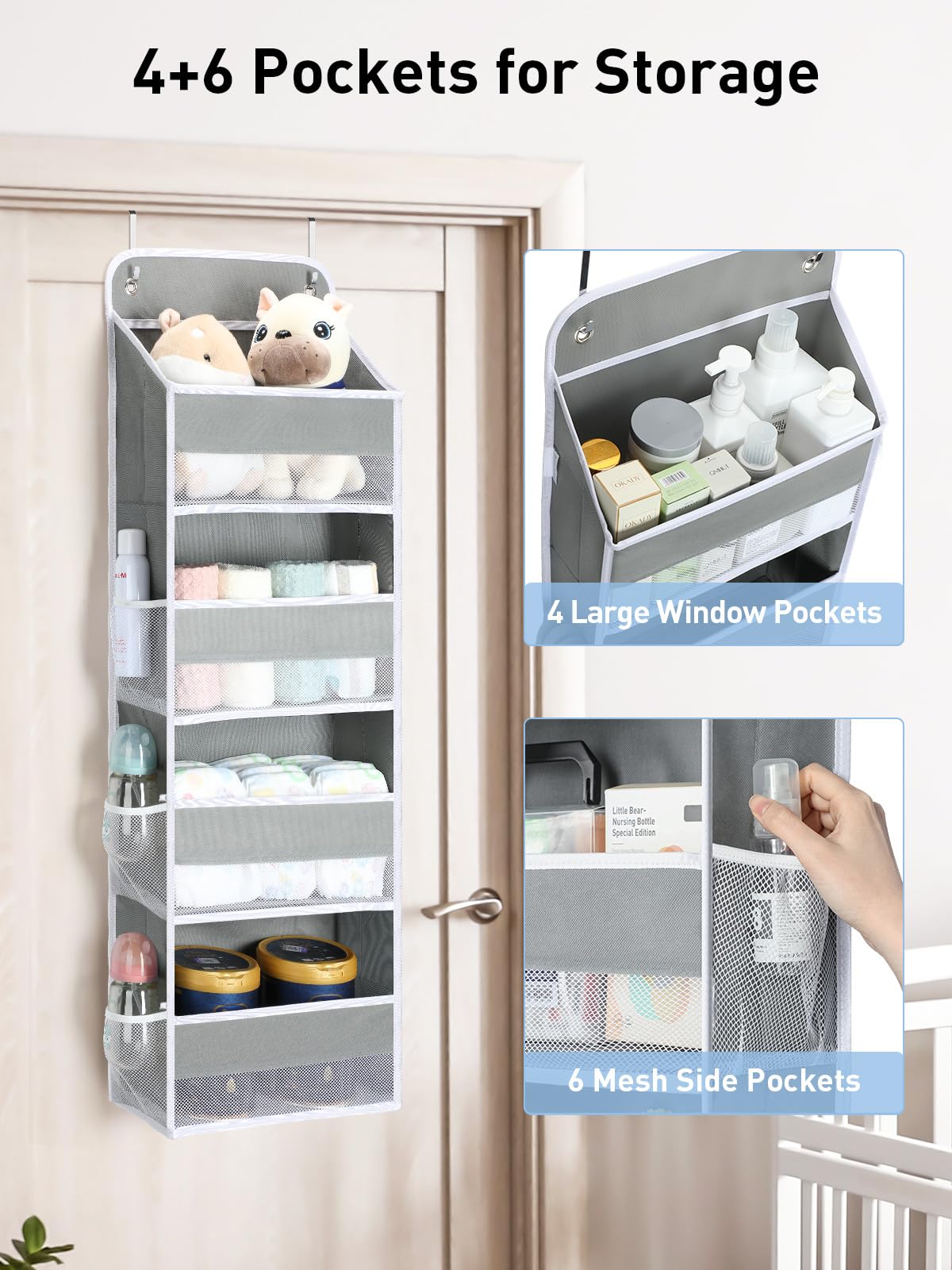 Yecaye 1 Pack Over the Door Organizer, 35.2lbs Load Closet Door Organizer Hanging, Swing-proof Diaper Organizer Storage with 4 Big Pockets 6 Mesh Pockets for Nursery Newborn Baby Essentials Stuff 🍁 All In One Marketplace Canada
