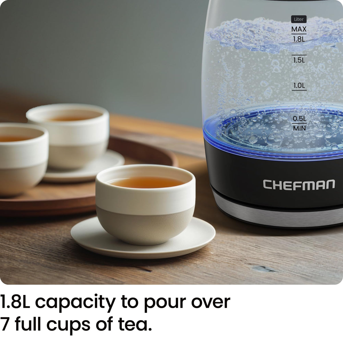 Chefman Electric Kettle, 1.8L 1500W, Hot Water Boiler, Removable Lid for Easy Cleaning, Auto Shut Off, Boil-Dry Protection, Stainless Steel Filter, BPA Free, Borosilicate Glass Electric Tea Kettle 🍁 All In One Marketplace Canada