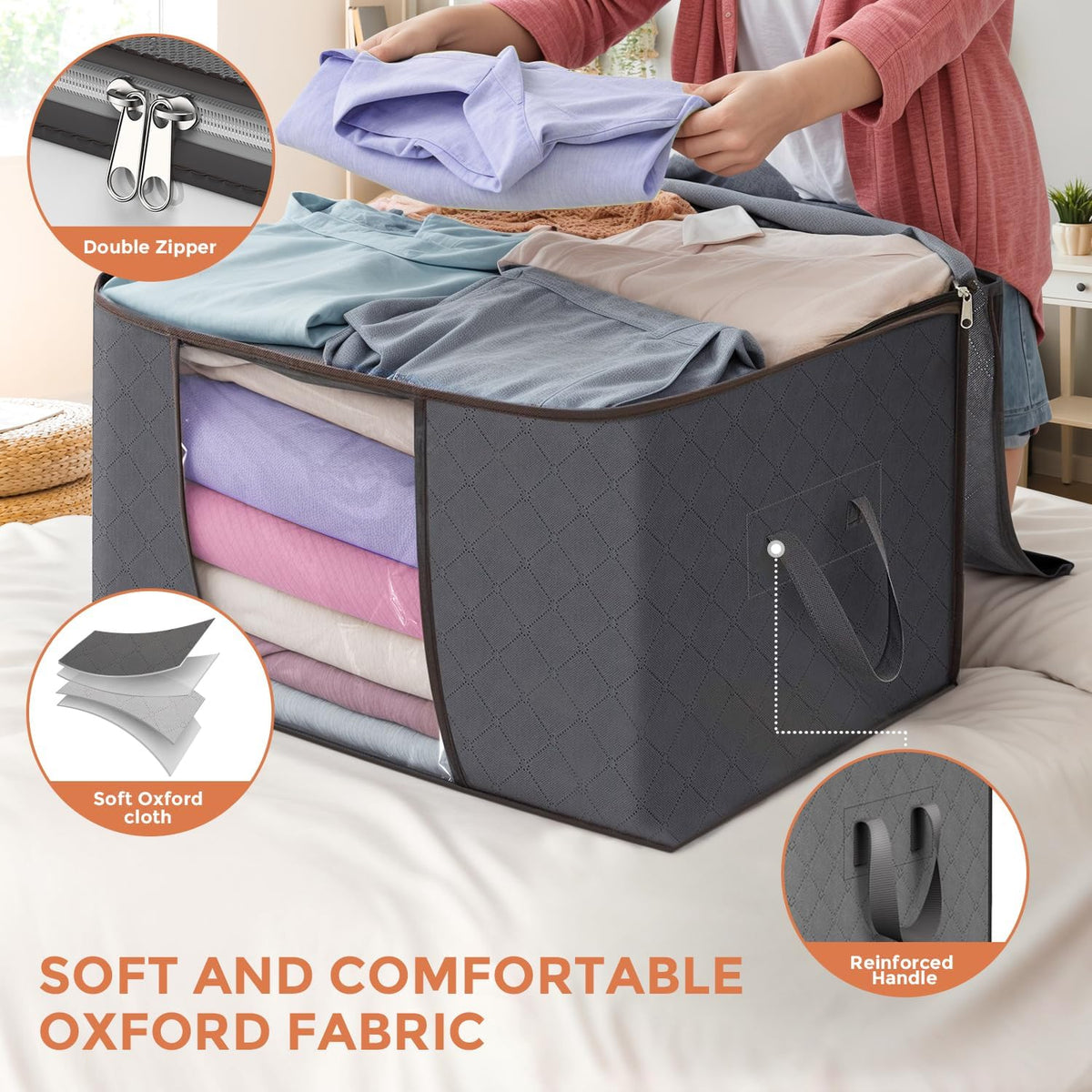90 L Large Storage Bags, 6 Pack Clothes Storage Bins Foldable Closet Organizers and Storage Containers with Reinforced Handle for Clothing, Blanket, Comforters, Bed Sheets, Pillows and Toys (Gray) 🍁 All In One Marketplace Canada