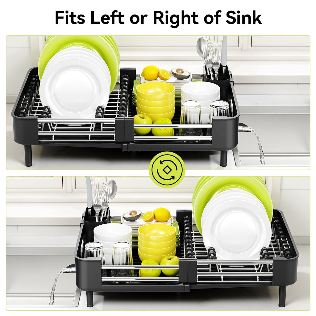 Urackify Extendable Dish Drying Rack, Dual Part Dish Drainers with Non-Scratch and Movable Cutlery Drainer and Drainage Spout, Adjustable Dish Rack for Kitchen,Black 🍁 All In One Marketplace Canada