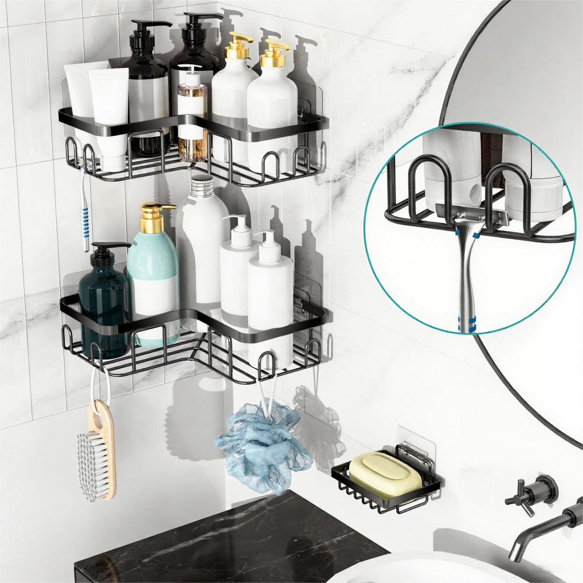 MOFOROCO 3-Pack Shower Caddy Corner Basket Shelf with Soap Holder, No Drilling Traceless Adhesive Shower Wall Shelves, Black Bathroom Shower Storage Organizer（ For 90-degree Right-angle Walls） 🍁 All In One Marketplace Canada