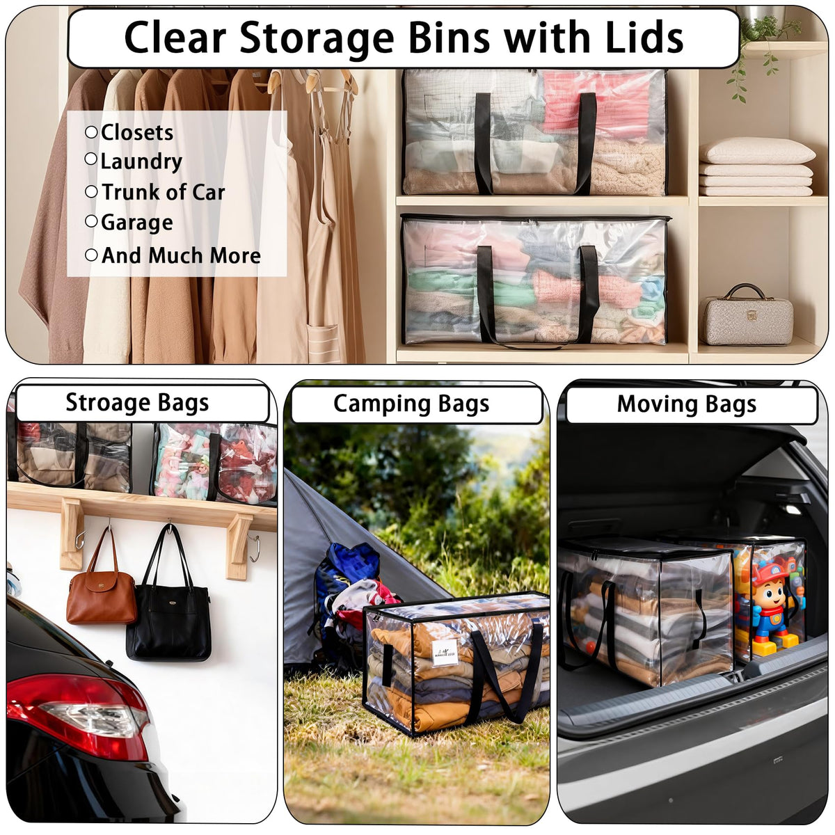 8 Pack Extra Large Heavy Duty Moving Bags,Clear Large Storage Bags with Lids,Moving Boxes with Zippers & Reinforced Handles,Transparent Packing Bags for College Dorm,Traveling,Christmas Decorations 🍁 All In One Marketplace Canada