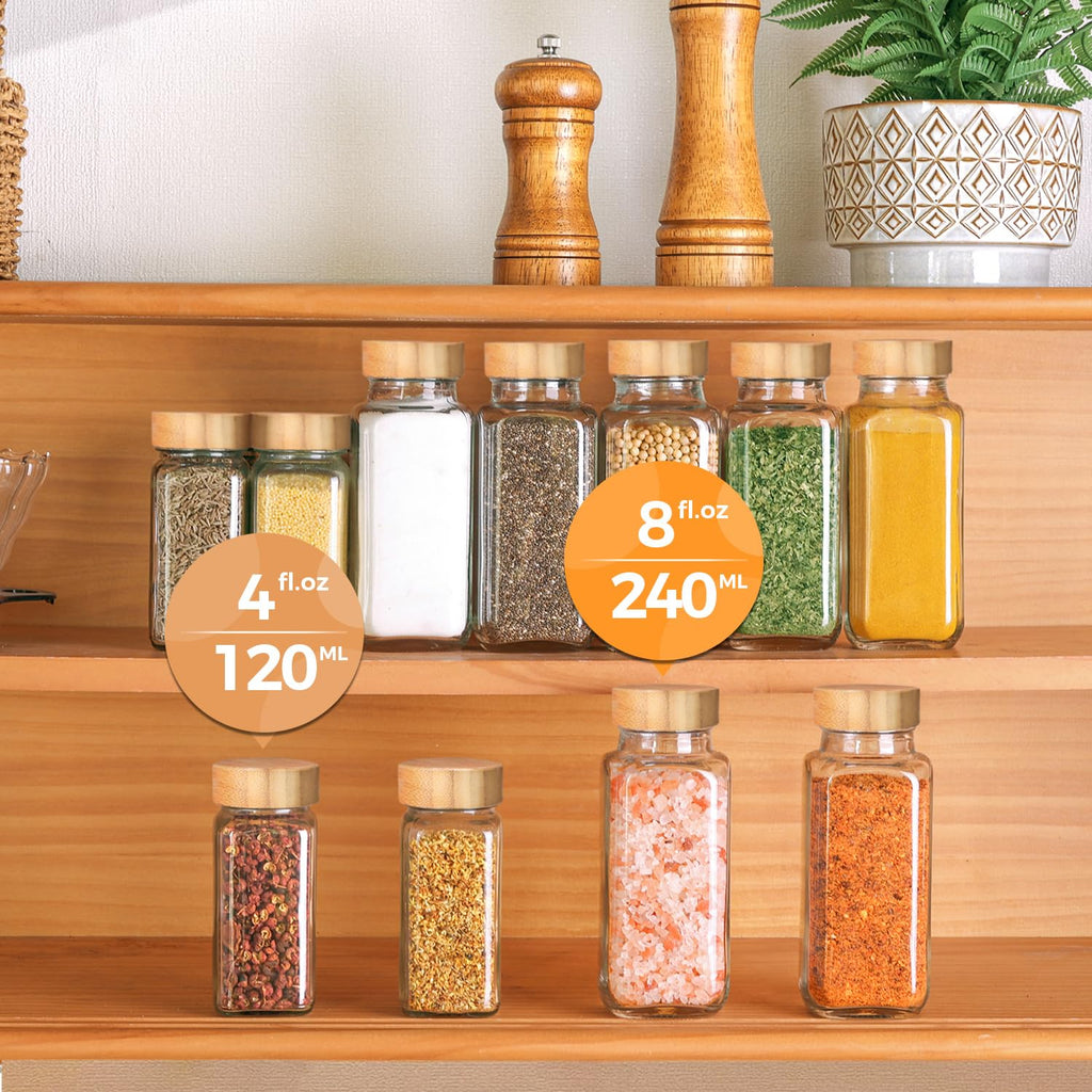 ComSaf 4oz 24Pcs Glass Spice Jars with Bamboo Lids, Empty Spice Containers with 93 Labels, Square Seasoning Containers Trial and Supplement Set, Small Seasoning Bottles for Salt, Herbs, Sugar, Pepper 🍁 All In One Marketplace Canada