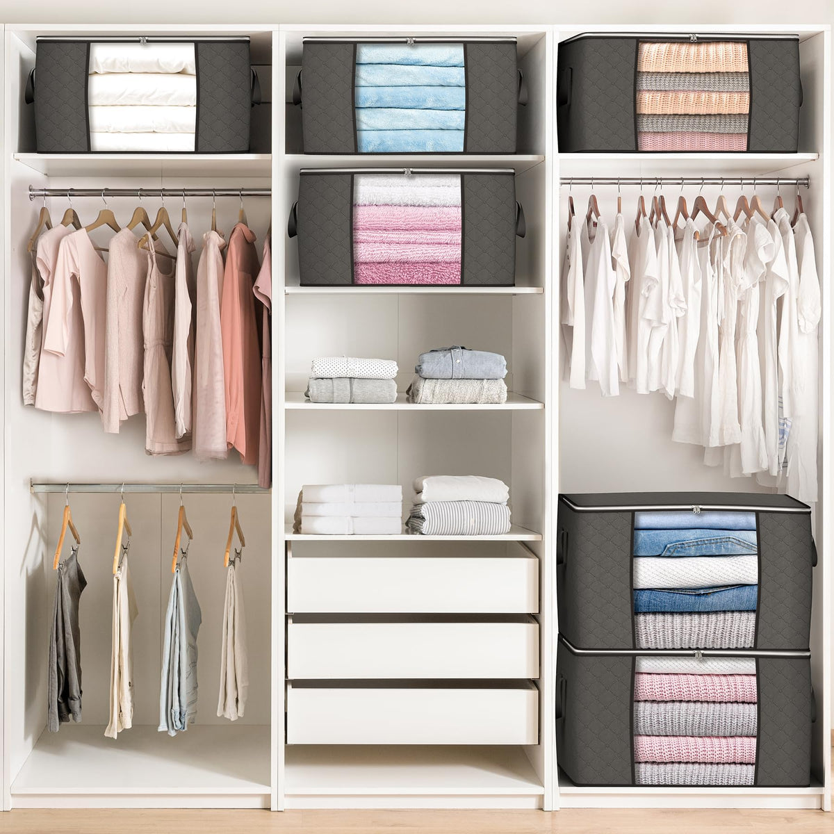 90 L Large Storage Bags, 6 Pack Clothes Storage Bins Foldable Closet Organizers and Storage Containers with Reinforced Handle for Clothing, Blanket, Comforters, Bed Sheets, Pillows and Toys (Gray) 🍁 All In One Marketplace Canada