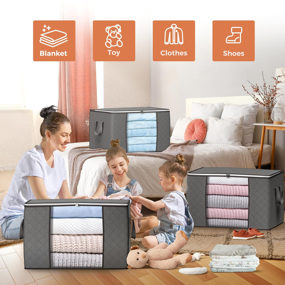 90 L Large Storage Bags, 6 Pack Clothes Storage Bins Foldable Closet Organizers and Storage Containers with Reinforced Handle for Clothing, Blanket, Comforters, Bed Sheets, Pillows and Toys (Gray) 🍁 All In One Marketplace Canada