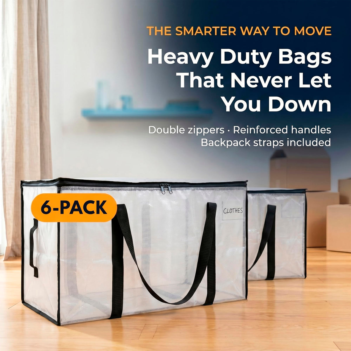 ClearSpace Oversized Moving Bags or Storage Bag – Large Moving Boxes with Backpack Straps, Zippers & Handles – Heavy-Duty Packing Bags, College Dorm, Christmas Decorations, 6 Pack 🍁 All In One Marketplace Canada