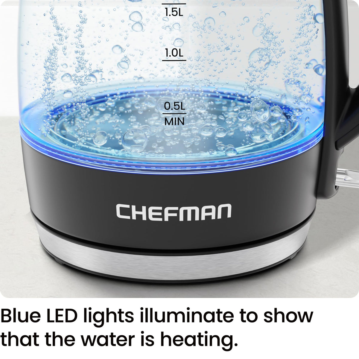 Chefman Electric Kettle, 1.8L 1500W, Hot Water Boiler, Removable Lid for Easy Cleaning, Auto Shut Off, Boil-Dry Protection, Stainless Steel Filter, BPA Free, Borosilicate Glass Electric Tea Kettle 🍁 All In One Marketplace Canada