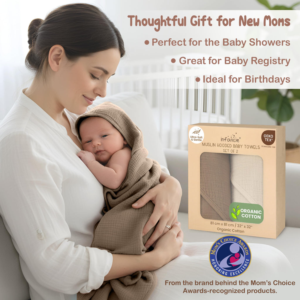 Infancie 100% Organic Cotton Muslin Hooded Baby Towels 2 Pack 81 X 81 CM Shower Towel Soft Breathable Lightweight Quick Dry Gentle On Baby Skin for Newborns and Infants 🍁 All In One Marketplace Canada
