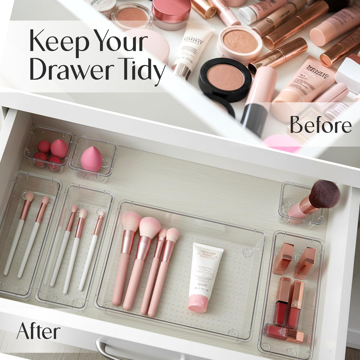 KICHLY 25 Pack Clear Plastic Desk Supplies Organizer, 4 Sizes Desk Drawer Organizer for Office Supplies, Vanity Organizers, Makeup, Gadgets, & Jewelry Storage Bins 🍁 All In One Marketplace Canada