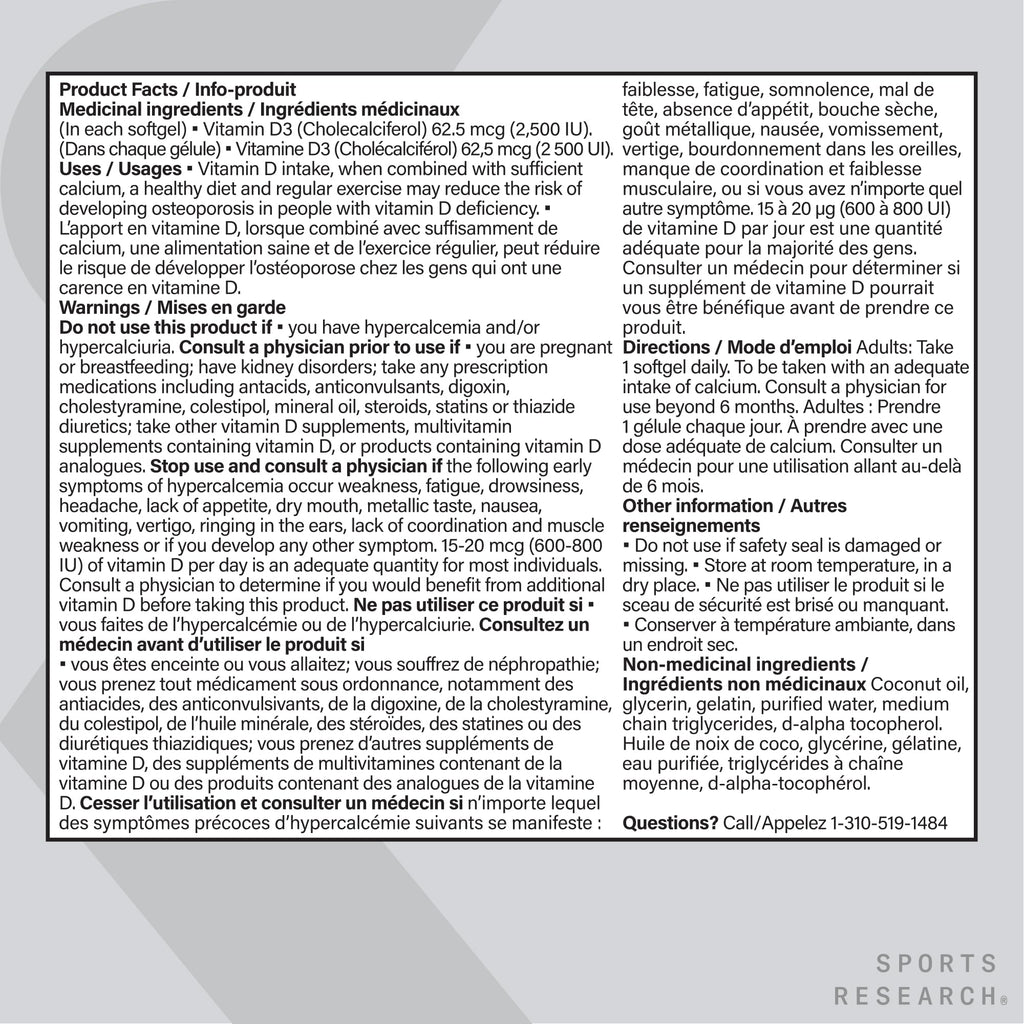 Sports Research® Vitamin D3 2500 IU with Coconut MCT Oil - High Potency Vitamin D Supplement for Immune & Bone Support - Non-GMO Verified, Gluten & Soy Free – 62.5mcg, 360 Liquid Softgels 🍁 All In One Marketplace Canada